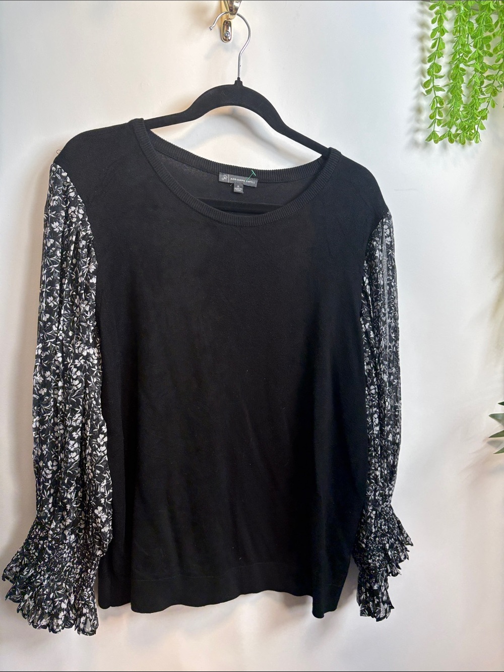 Adrianna Papell Black Knit Top with Floral Sheer Sleeves